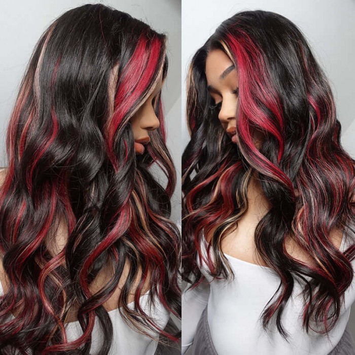 Hurela Blonde And Red Body Wave 13x4 Lace Front Wigs Red Multi Color  Highlights Human Hair Wigs | Hurela Hair