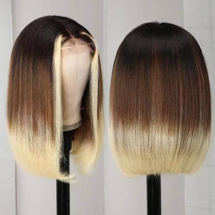Hurela  Ombre Dark Root Bob Human Hair Wig Straight Hair With Blonde  Highlight Piano Colored Wigs | Hurela Hair